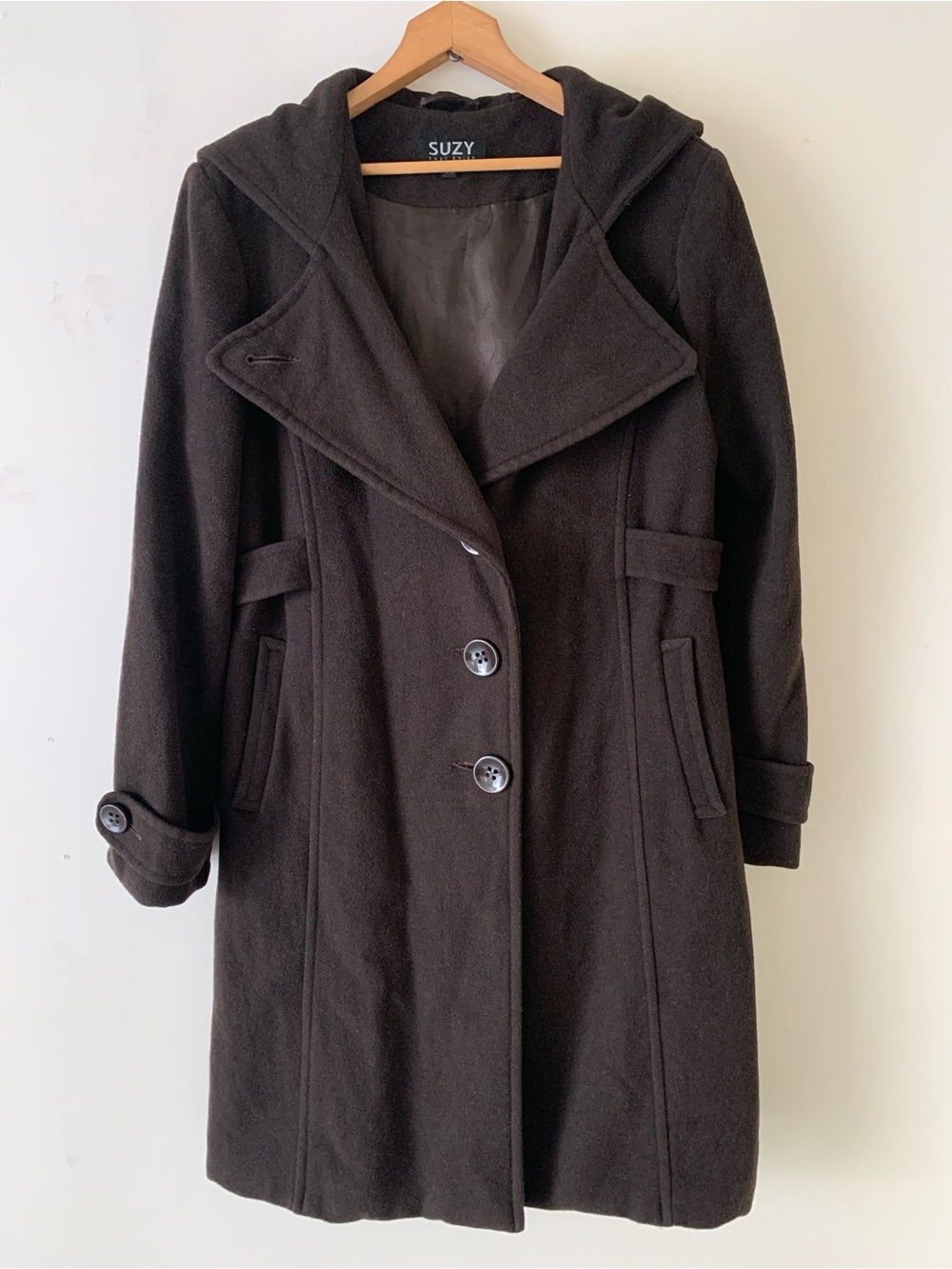Chocolate Brown Hooded Wool and Cashmere Blend Coat Size Medium